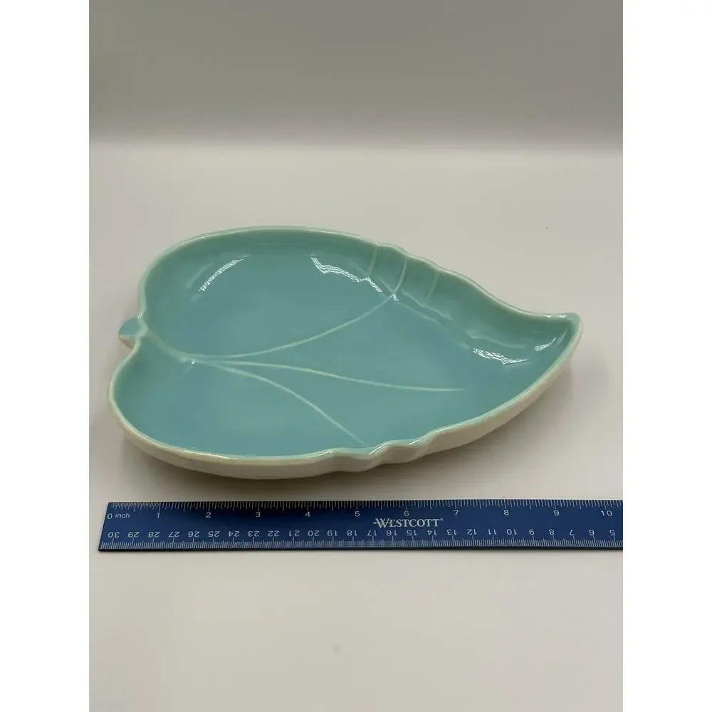 Vintage Aqua Ceramic Leaf Serving Plate - Made In USA - Coastal Decor Turquoise